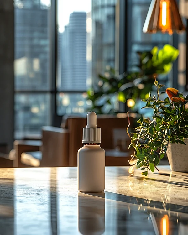 a white plastic dropper bottle on a table a white plastic dropper bottle on a table
