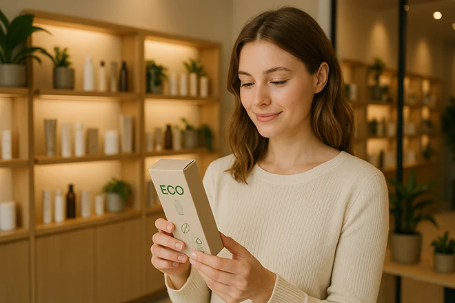 a woman is buying eco-friendly skincare product a woman is buying eco-friendly skincare product