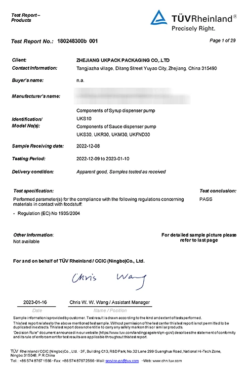 Syrup Pump Regulation (EC) No 1935_2004 Test Report - 1
