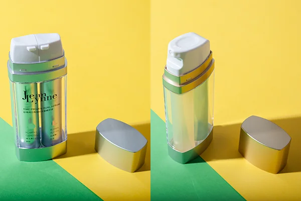 two dispensing pump styles of dual chamber cosmetic bottle two dispensing pump styles of dual chamber cosmetic bottle